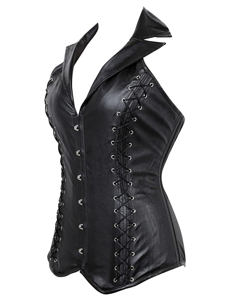 Women's Steampunk Goth Spiral Steel Boned Halter Overbust Corset Vest Black