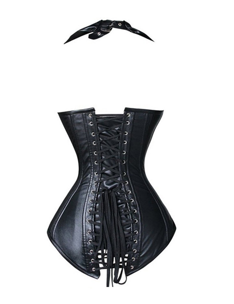 Women's Steampunk Goth Spiral Steel Boned Halter Overbust Corset Vest Black